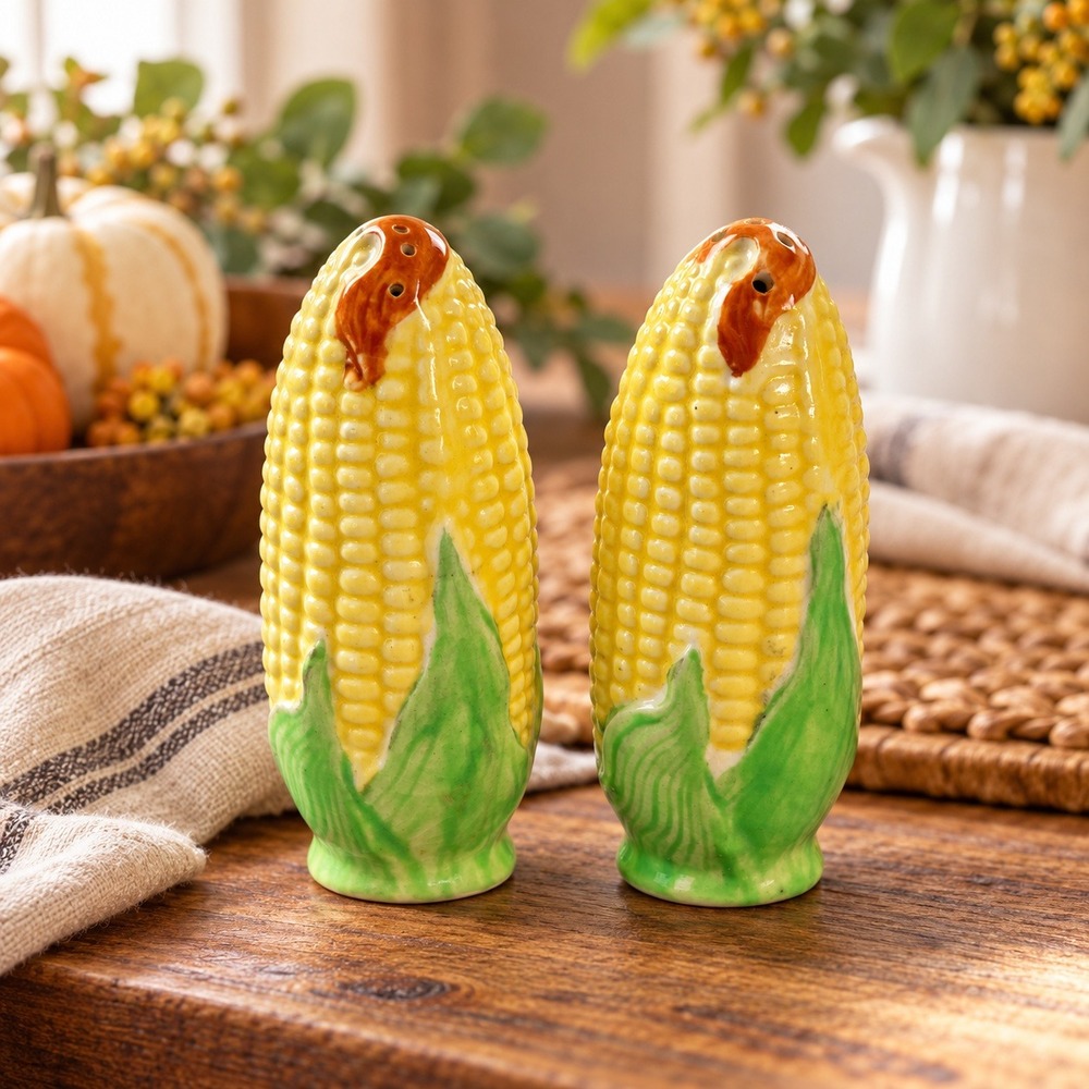 Vintage Japan Corn on the Cob Ceramic Salt and Pepper Shakers Set Yellow Green